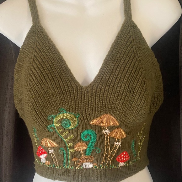 romine Tops - Forest Green Embroidered Knit Crop Top
